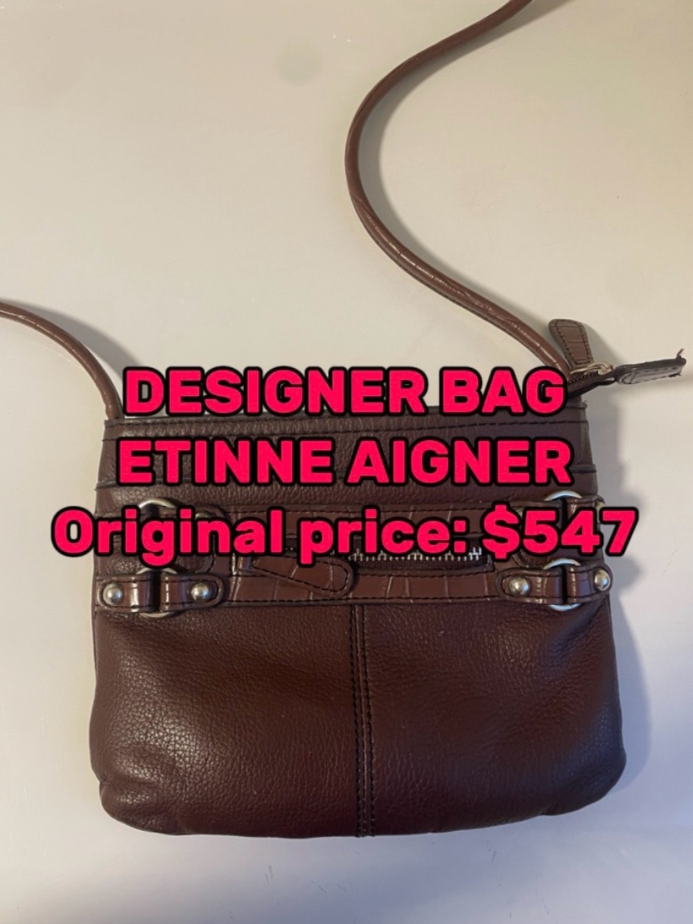 Etienne Aigner Dark Brown Leather Crossbody with Decorative Buckles